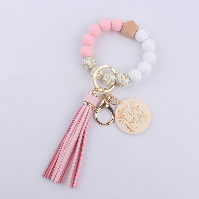 Wholesale MAMA Printed Silicone Beaded Tassel Wrist Keychain
